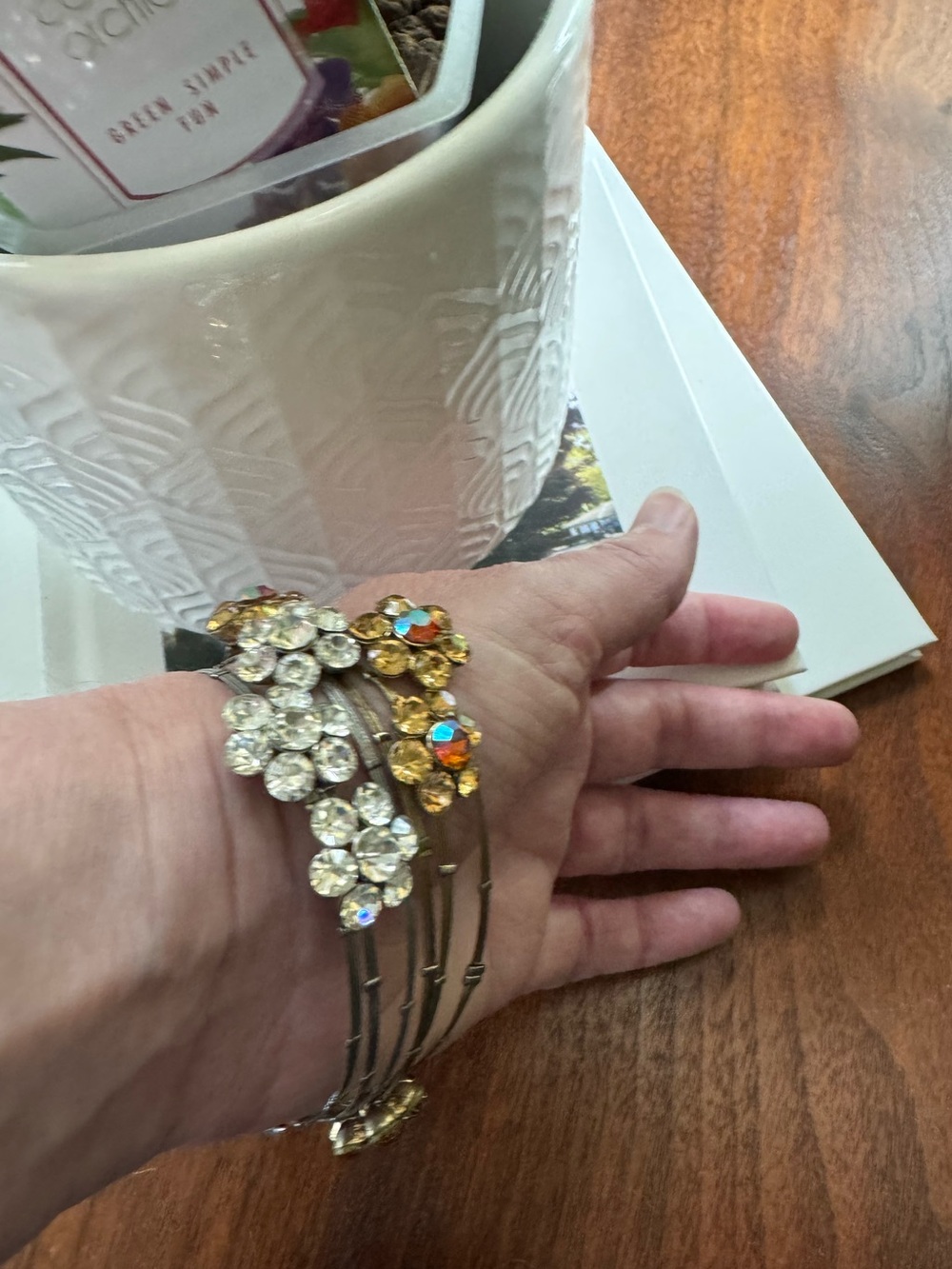 Set of 6 silver/gold tone bracelets with faux jewel flowers